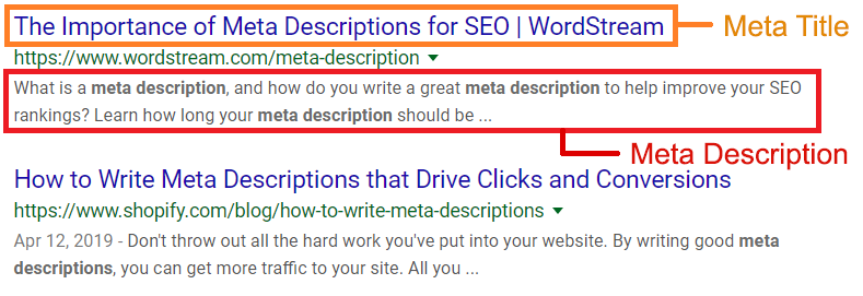 Meta data example on a Google search results page